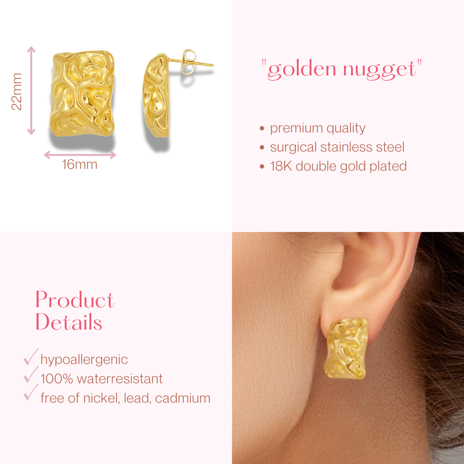 #019 Extravagante Rectangle-Ohrringe "golden nugget"