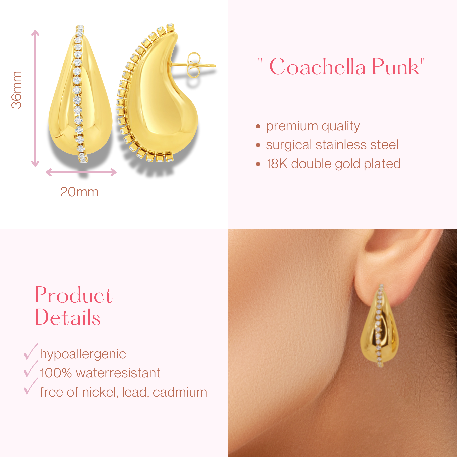 #042 Drops-Ohrringe mit Brillantzierlinie "Coachella Punk"