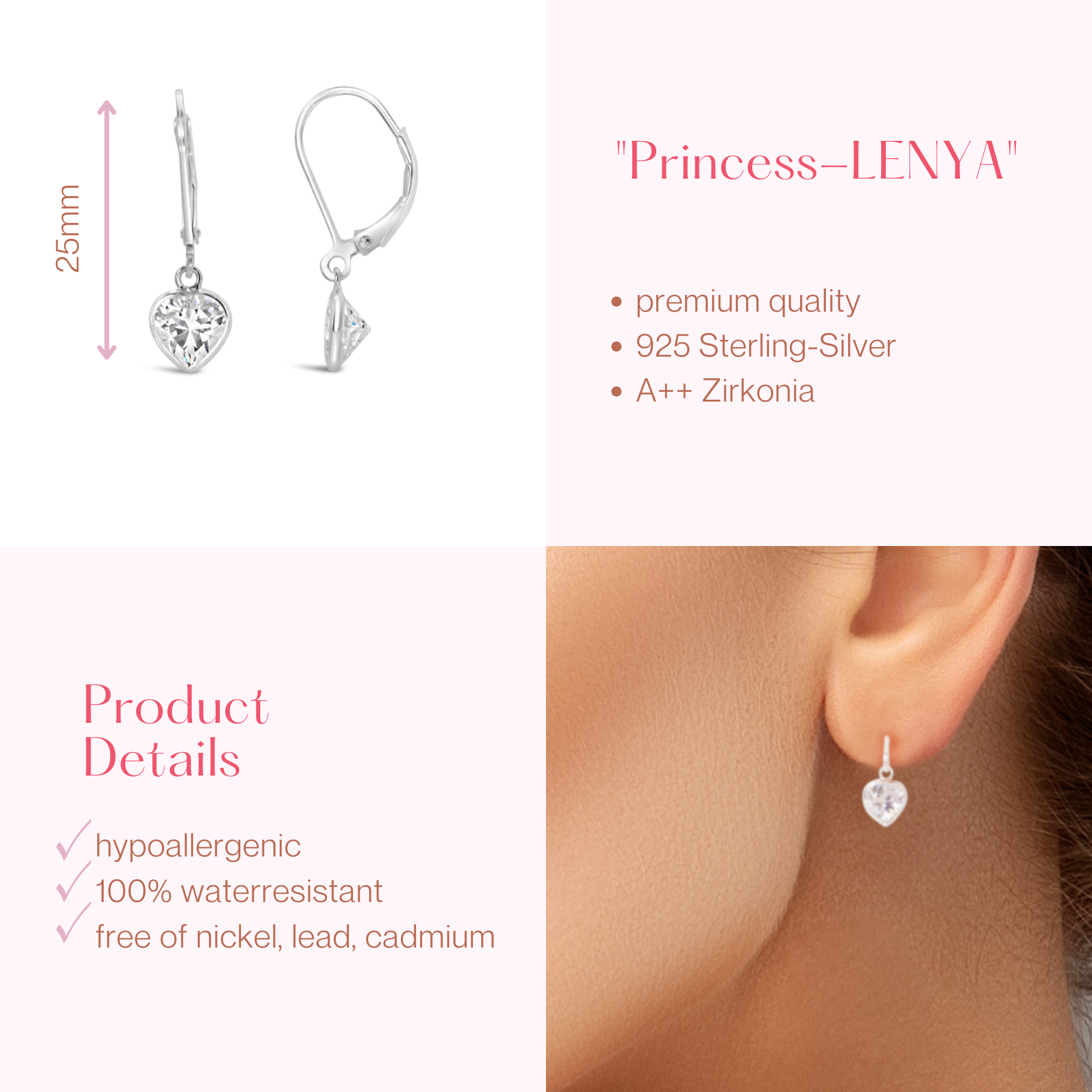 "Princess - Lenya" - silberne Ohrringe in Herz Design mit Swarowski Strass in 925 Sterling Silber