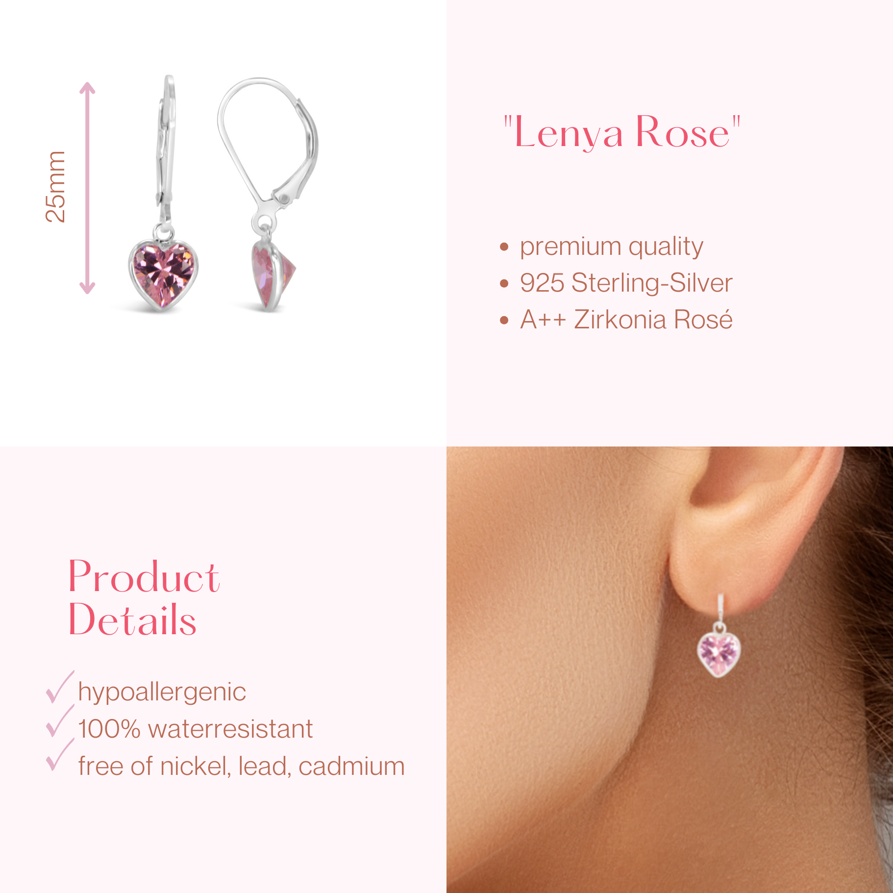 "Lenya Rose" -  Silberne Hängeohrringe in 925 Sterling Silber in Herz Design
