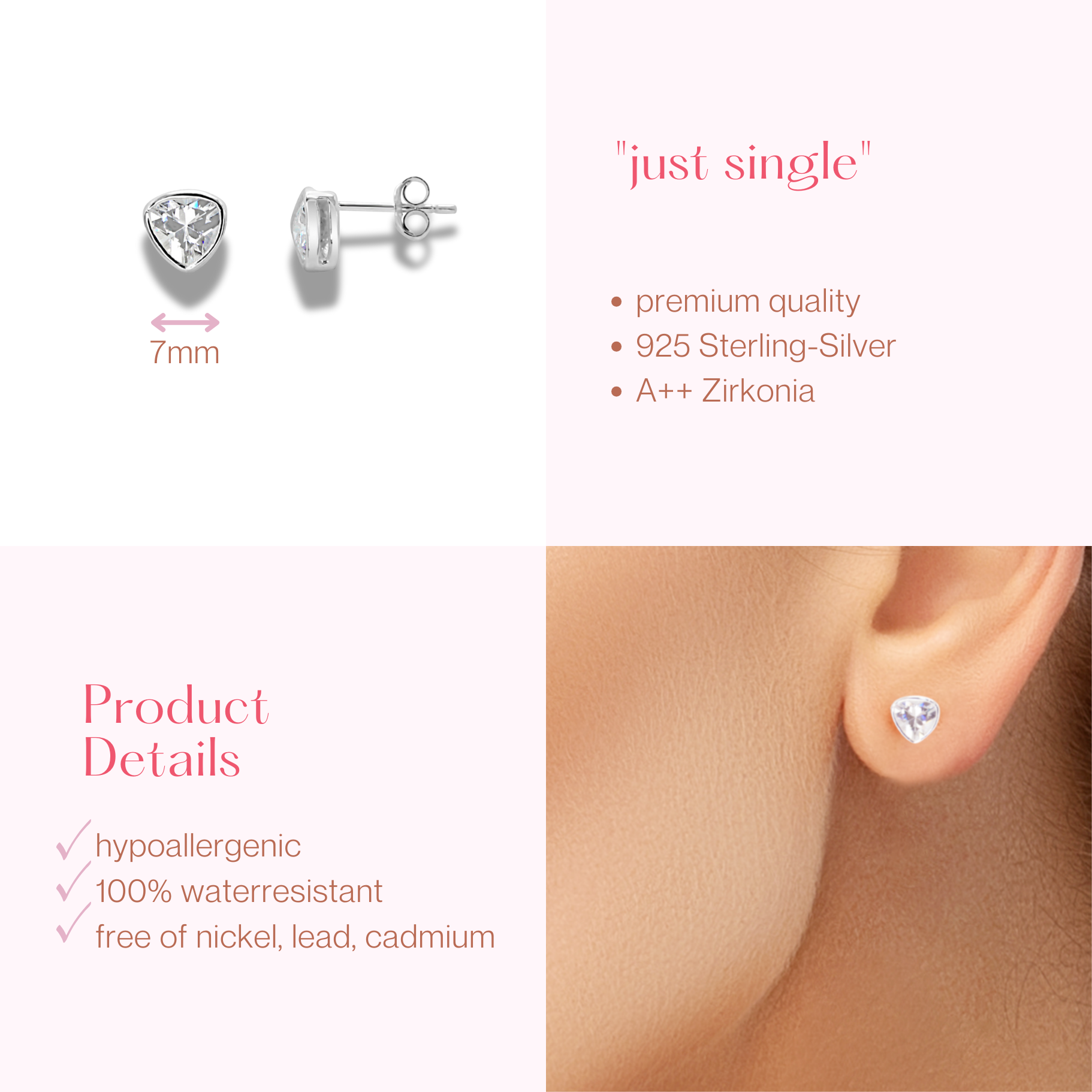 "just single" - silberne Ohrstecker in Design Herz in 925 Sterling Silber