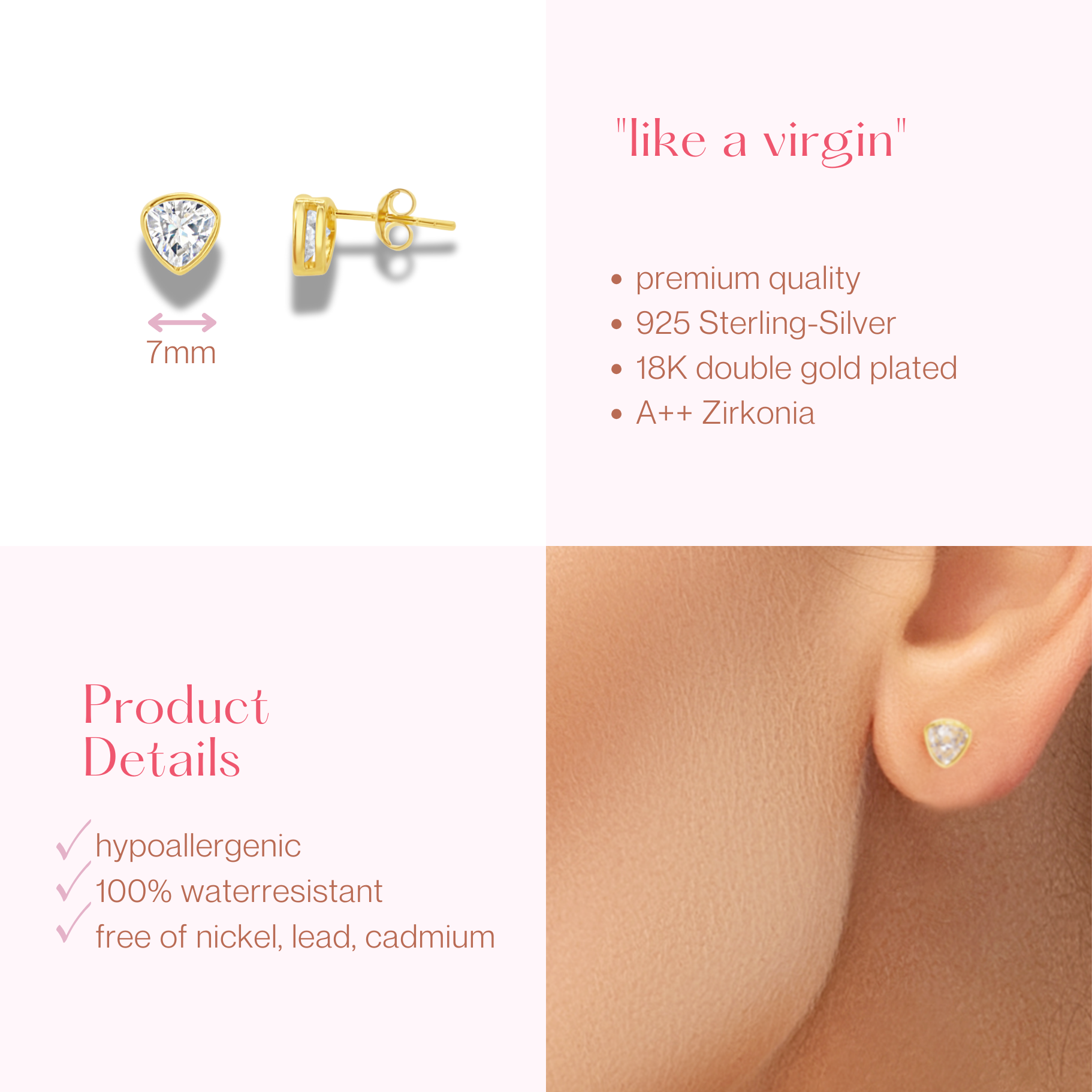 "like a virgin" - goldener Ohrstecker mit Swarowski Strass Stein in 925 Sterling Silber vergoldet
