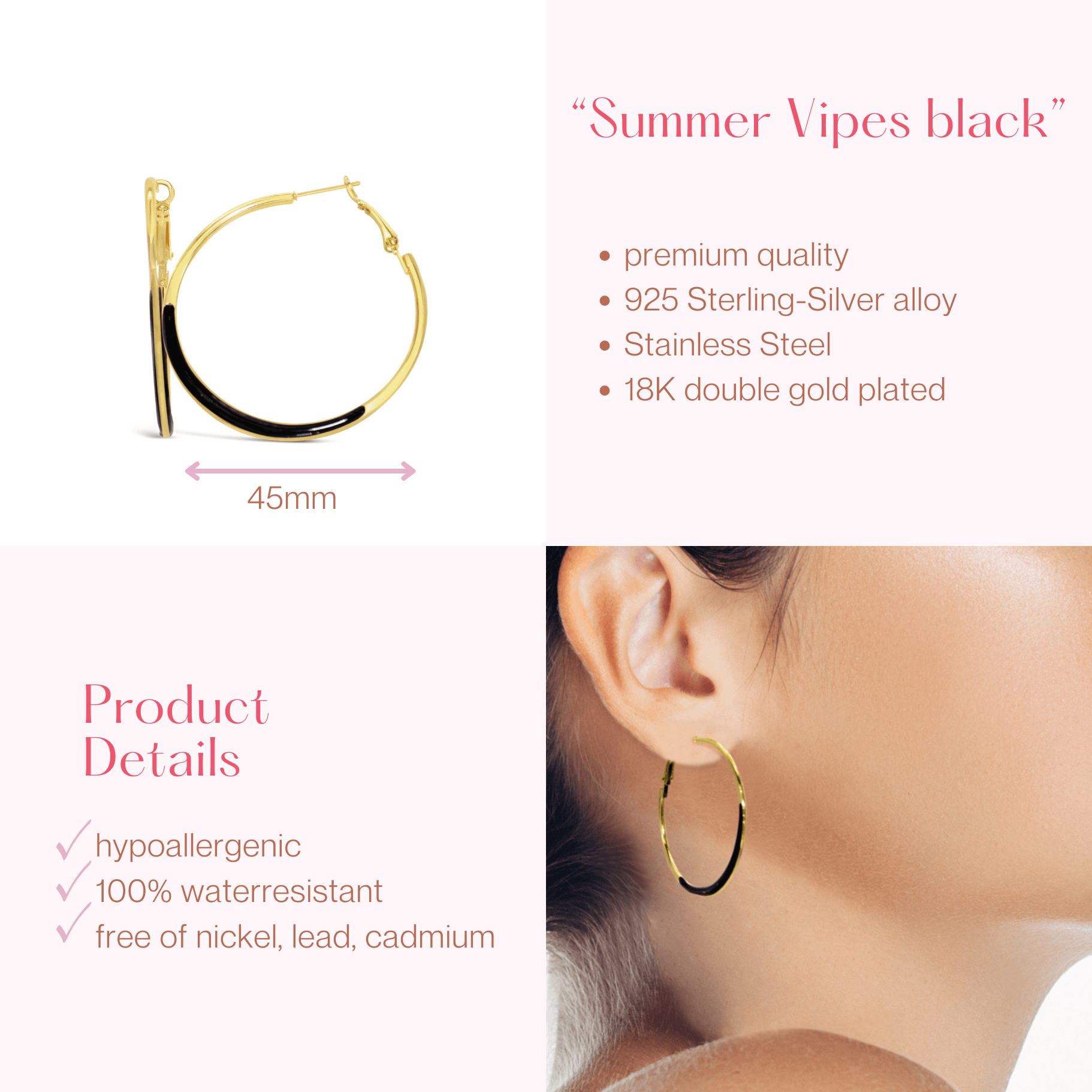 #228 Sommerliche Creolen-Ohrringe "Summer Vipes - black" - ARS-ARGENTI - Damen Ohrringe Gold - 925 Sterling Silber - Sexy Creolen gold 585 – bestseller – Kreolen – damenohrringe - Geschenkbox